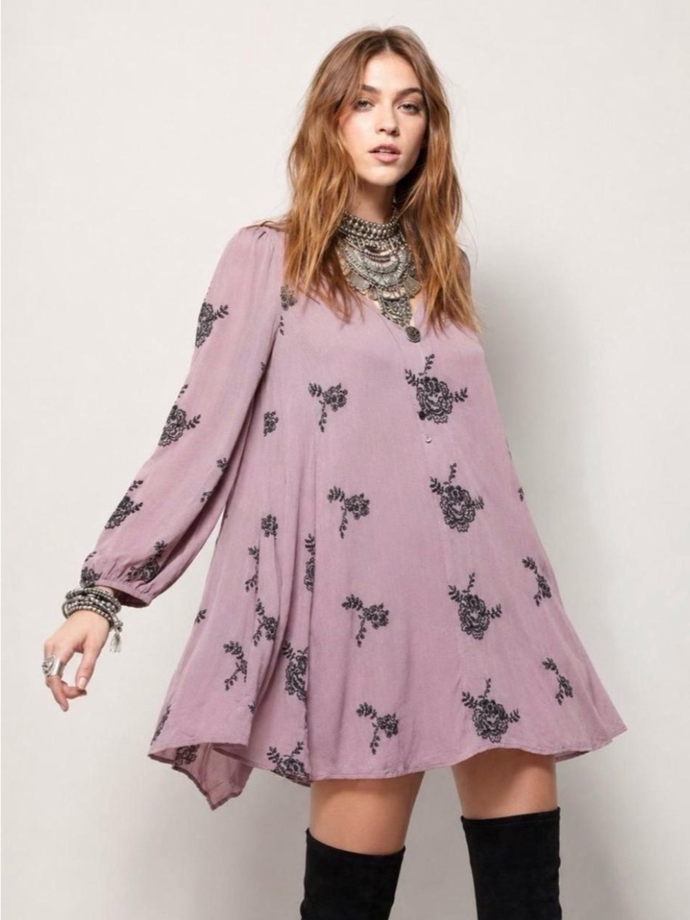 Free People Emma Dress Elderberry Embroidered Swing Mini Dress Open Back Boho